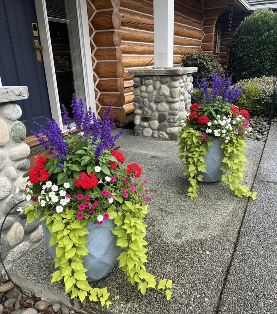 Pair of grey faceted concrete planters flanking front steps
