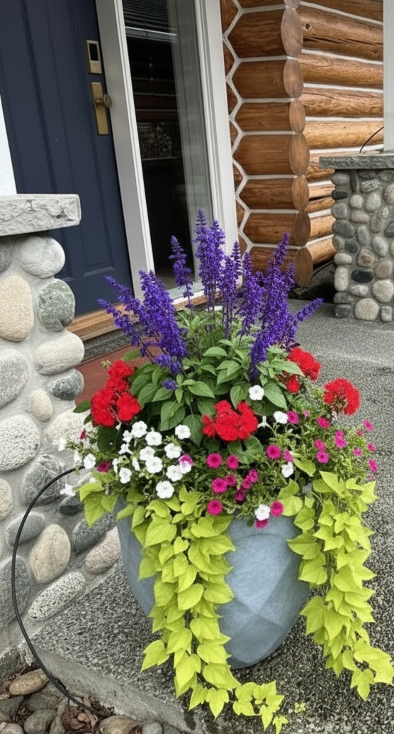 Pair of grey faceted concrete planters flanking front steps