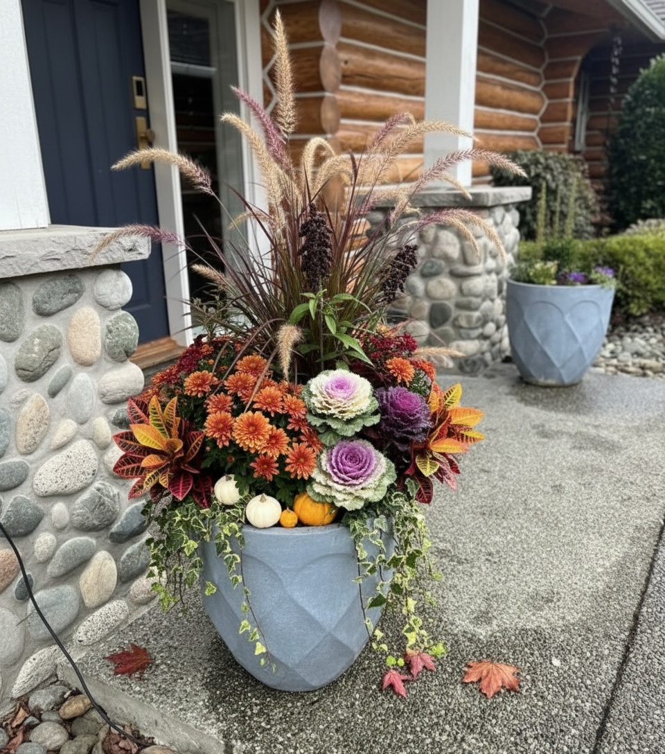 Grey faceted concrete planter with a fall arrangement of mums, kale, and gourds