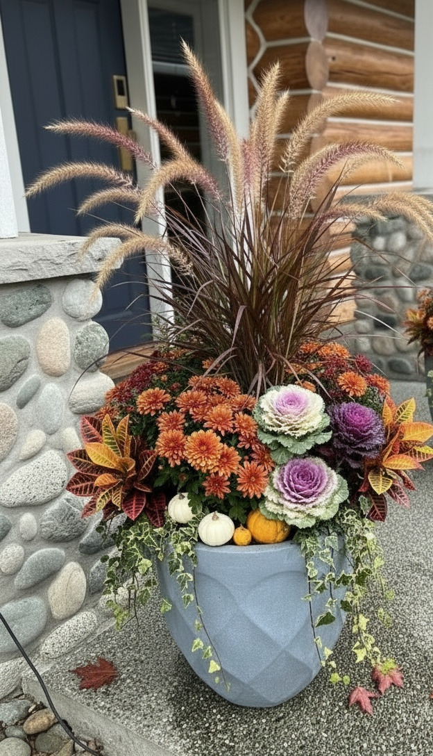 Grey faceted concrete planter with a fall arrangement at a Nanaimo log home