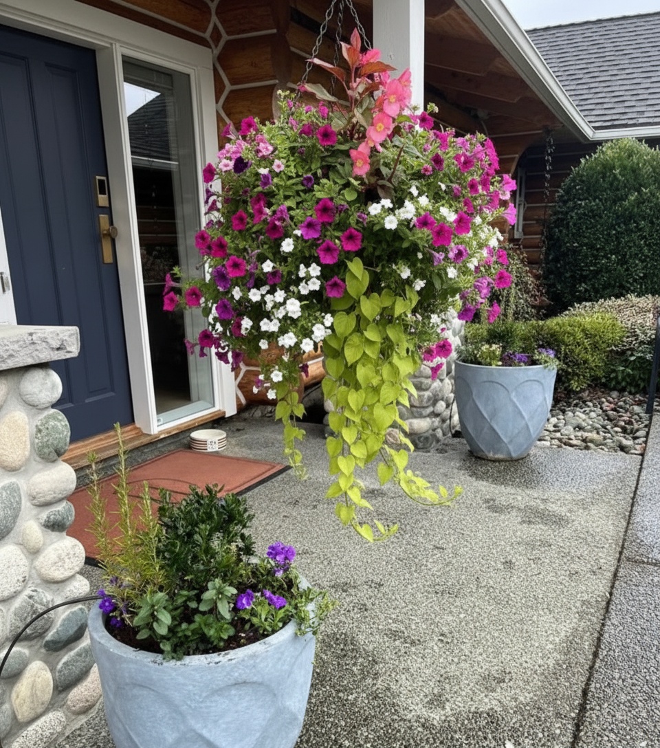 Lush hanging basket on a covered porch