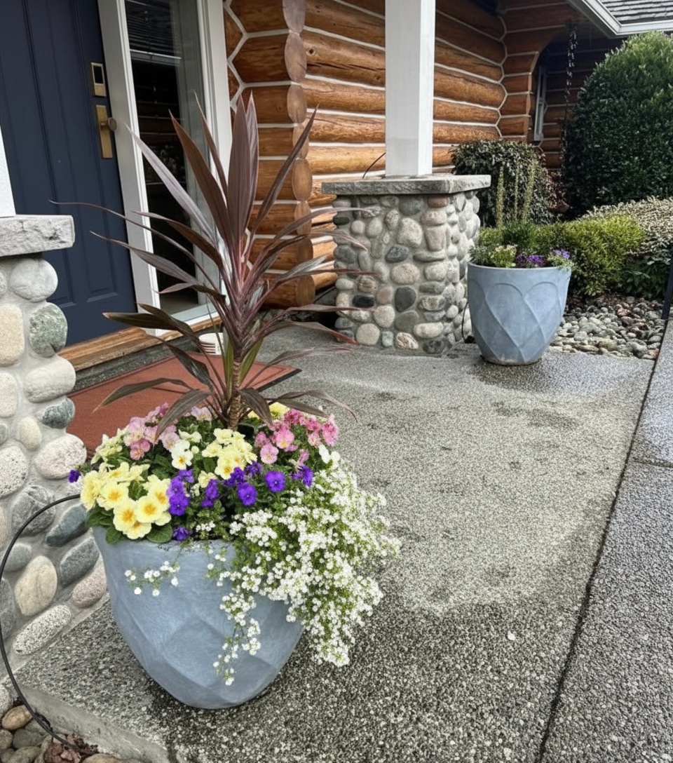 Grey faceted concrete planter with a spring arrangement at a Nanaimo log home