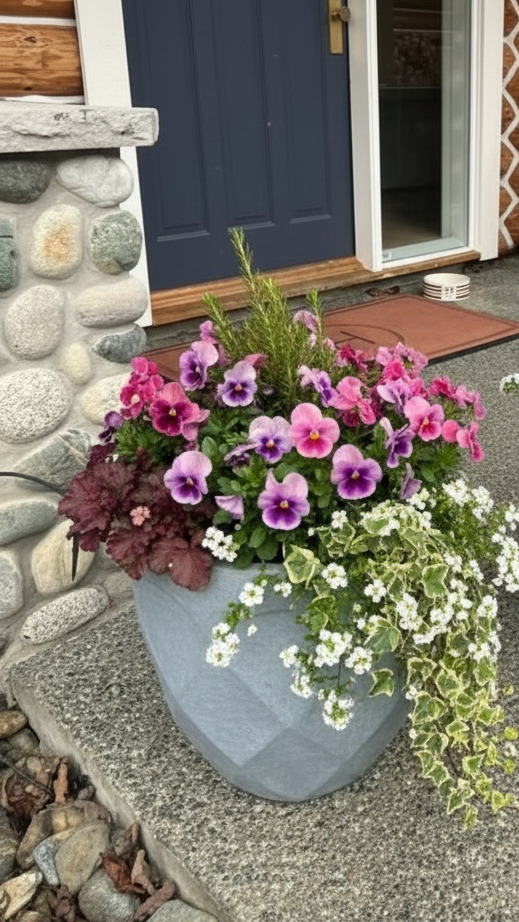 Grey faceted concrete planter with a spring arrangement at a Nanaimo log home