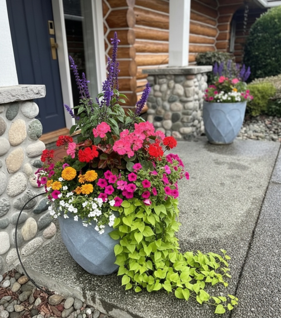 Grey faceted concrete planter with a lush summer arrangement at a Nanaimo log home