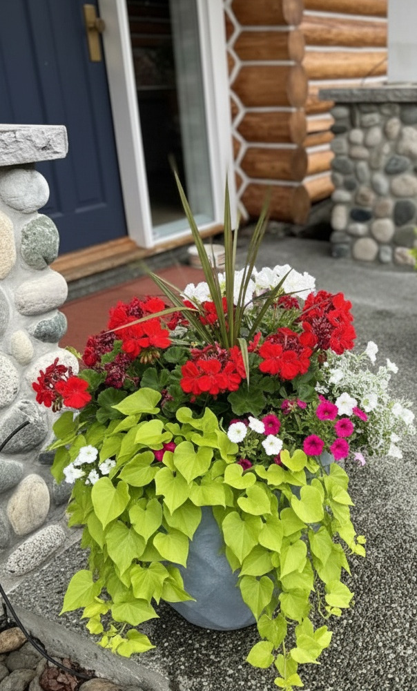 Grey faceted concrete planter with a lush summer arrangement at a Nanaimo log home